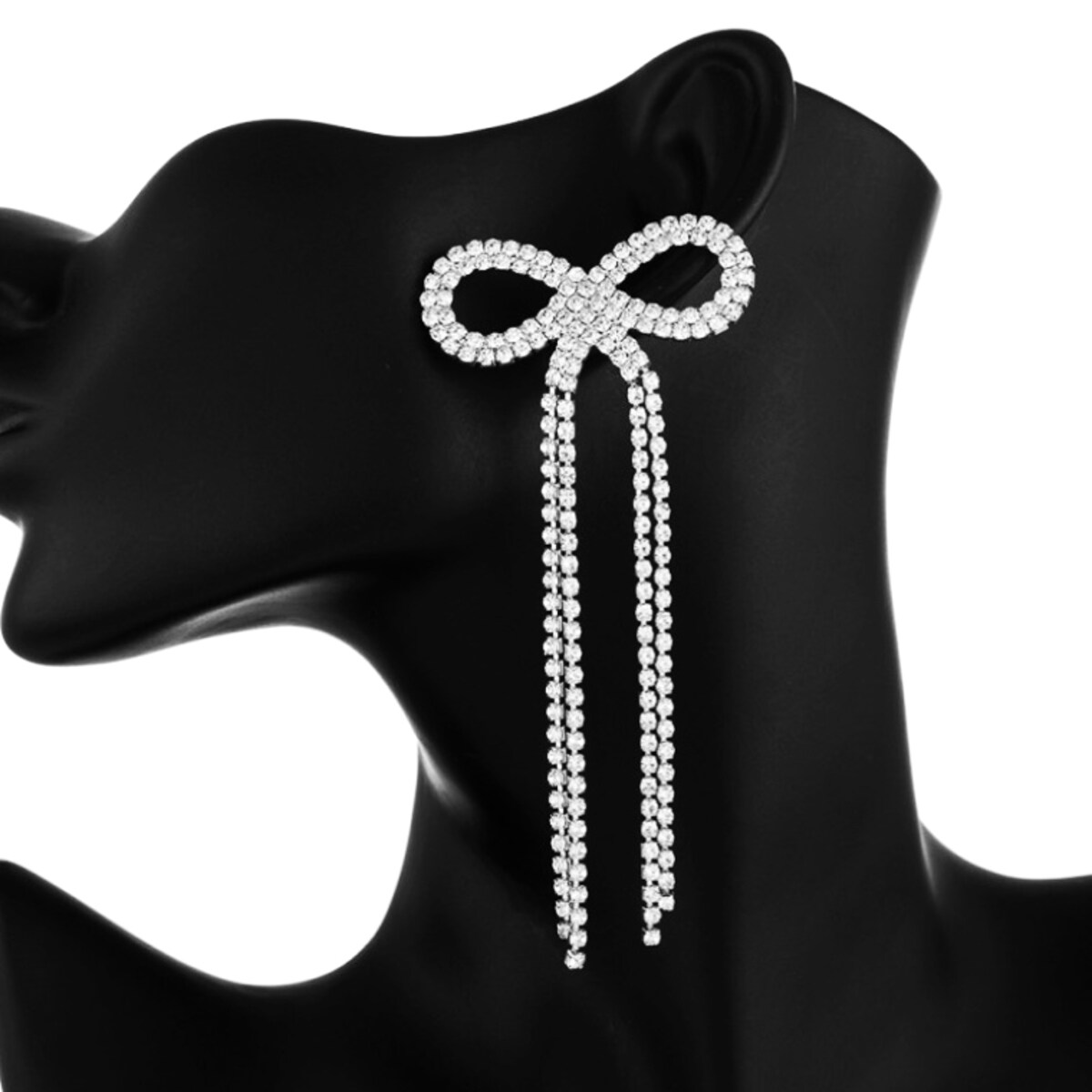 Srebrne kolczyki kokardki eleganckie błyszczące wieczorowe długie nitki