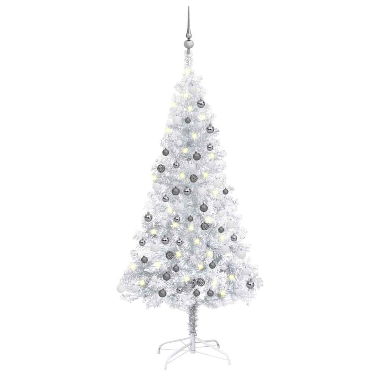 vidaXL Sztuczna choinka z lampkami i bombkami, srebrna, 150 cm, PET