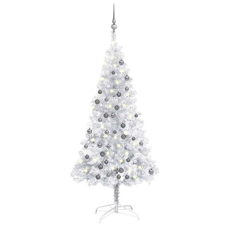 vidaXL Sztuczna choinka z lampkami i bombkami, srebrna, 150 cm, PET