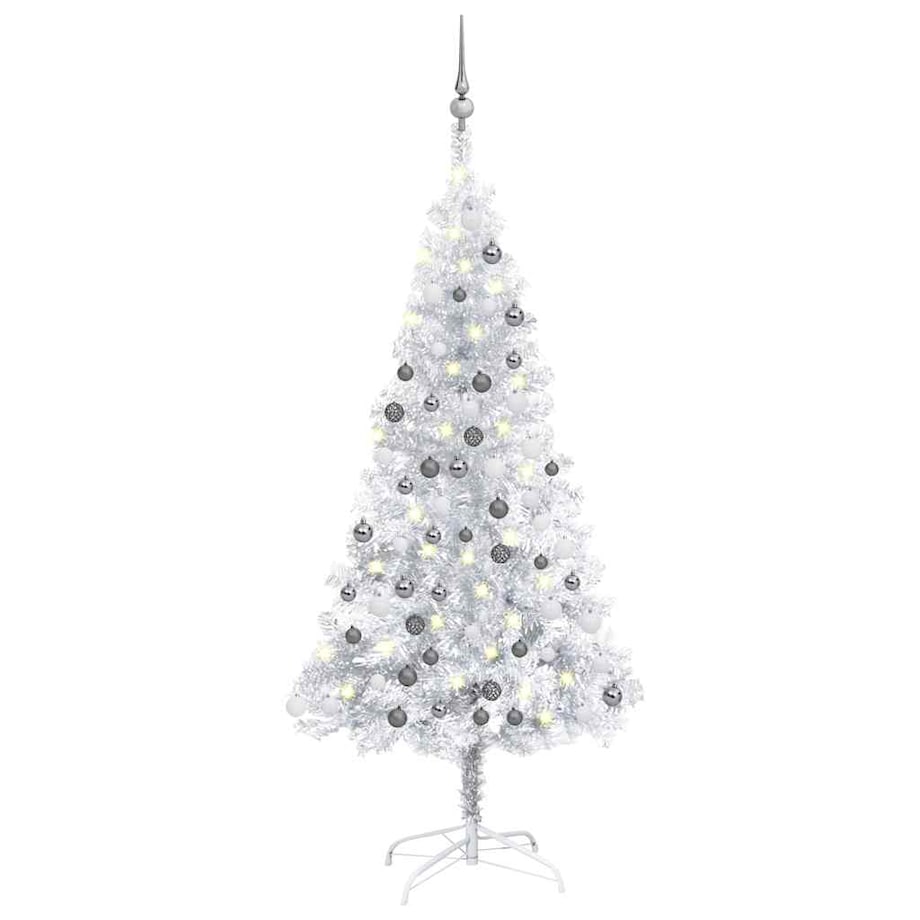 vidaXL Sztuczna choinka z lampkami i bombkami, srebrna, 150 cm, PET