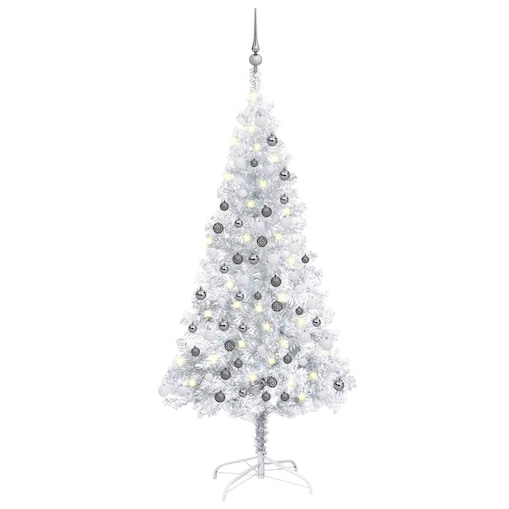 vidaXL Sztuczna choinka z lampkami i bombkami, srebrna, 150 cm, PET