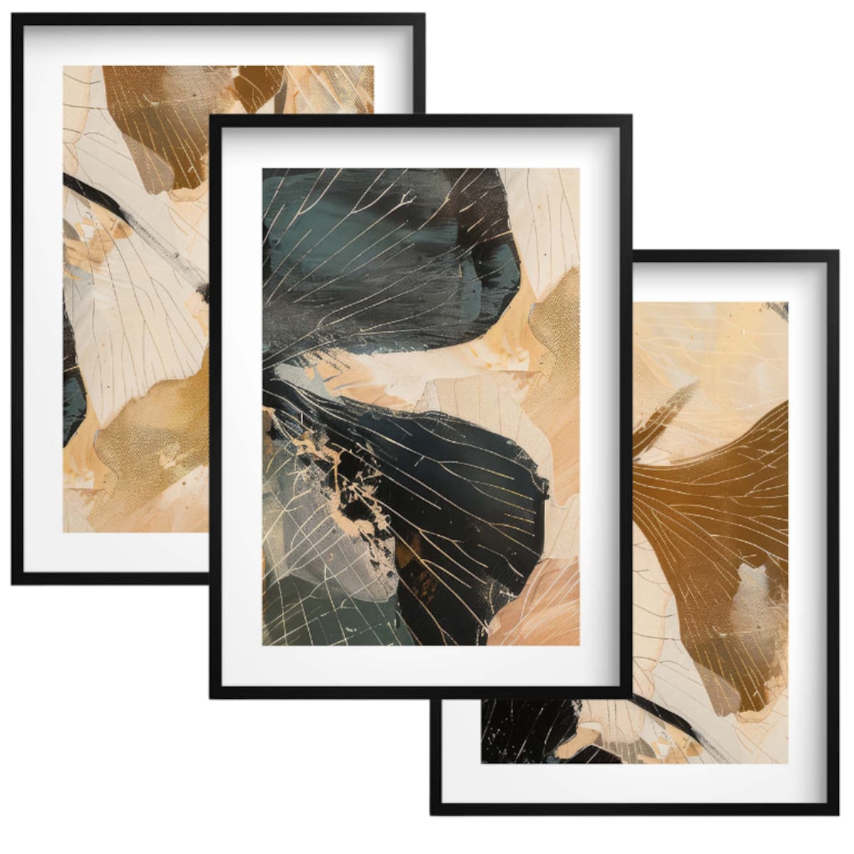 Komplet 3 Plakatów na ścianę do salonu sypialni Ozdoba ścienna Złote Kwiaty