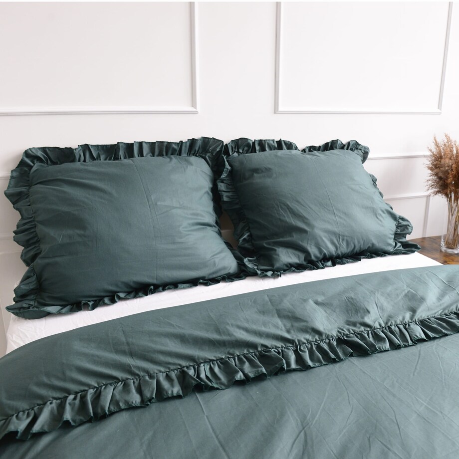 Pościel Bawełniana Z Falbanką Zestaw Komplet Do Sypialni Butelkowa Zieleń 220X200 Cm + 2 Poduszki 70X80 Cm