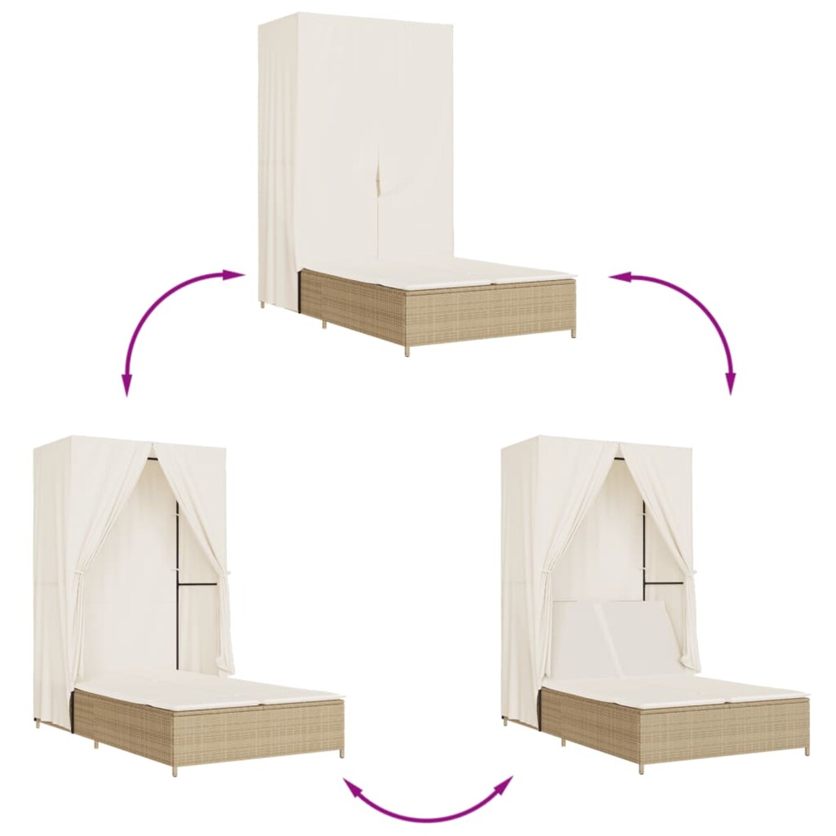 vidaXL Podwójna leżanka z daszkiem i zasłonami, beżowy polirattan