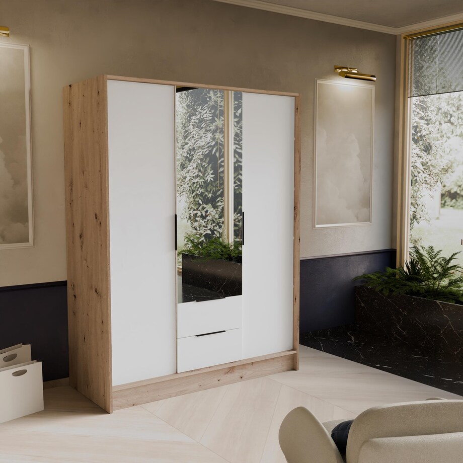 Szafa NIKOLA 150 z lustrem do garderoby, sypialni- sonoma+biały front