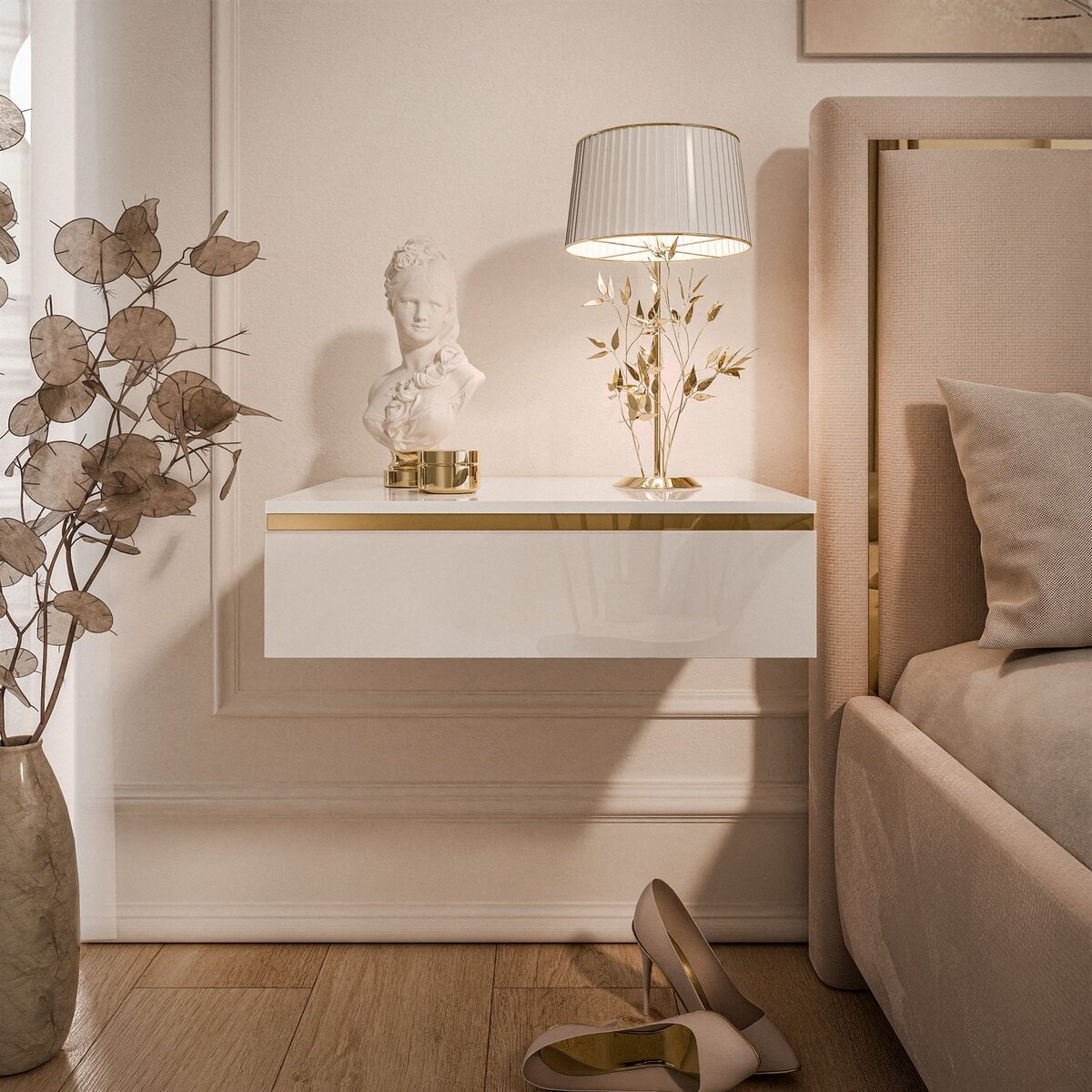 Stolik nocny AURORA wiszący biały połysk