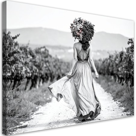 Obraz czarno biały do salonu, Kobieta z owocami na głowie 120x80