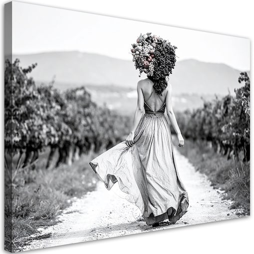 Obraz czarno biały do salonu, Kobieta z owocami na głowie 120x80