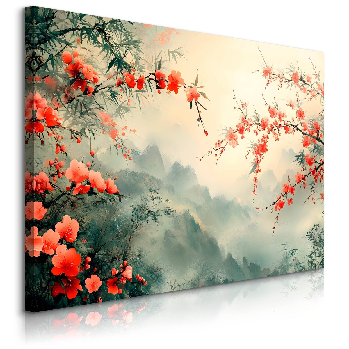 Obraz Do Salonu Czerwone Kwiaty Góry We Mgle Natura Styl Japoński 70x50cm