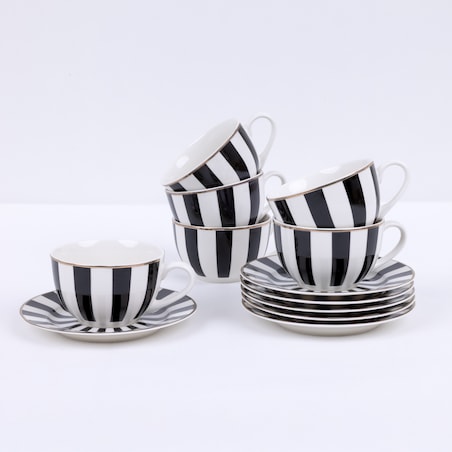 SERWIS KAWOWY 6 osób W PASKI biało czarne FILIŻANKA 200ml SPODEK na prezent