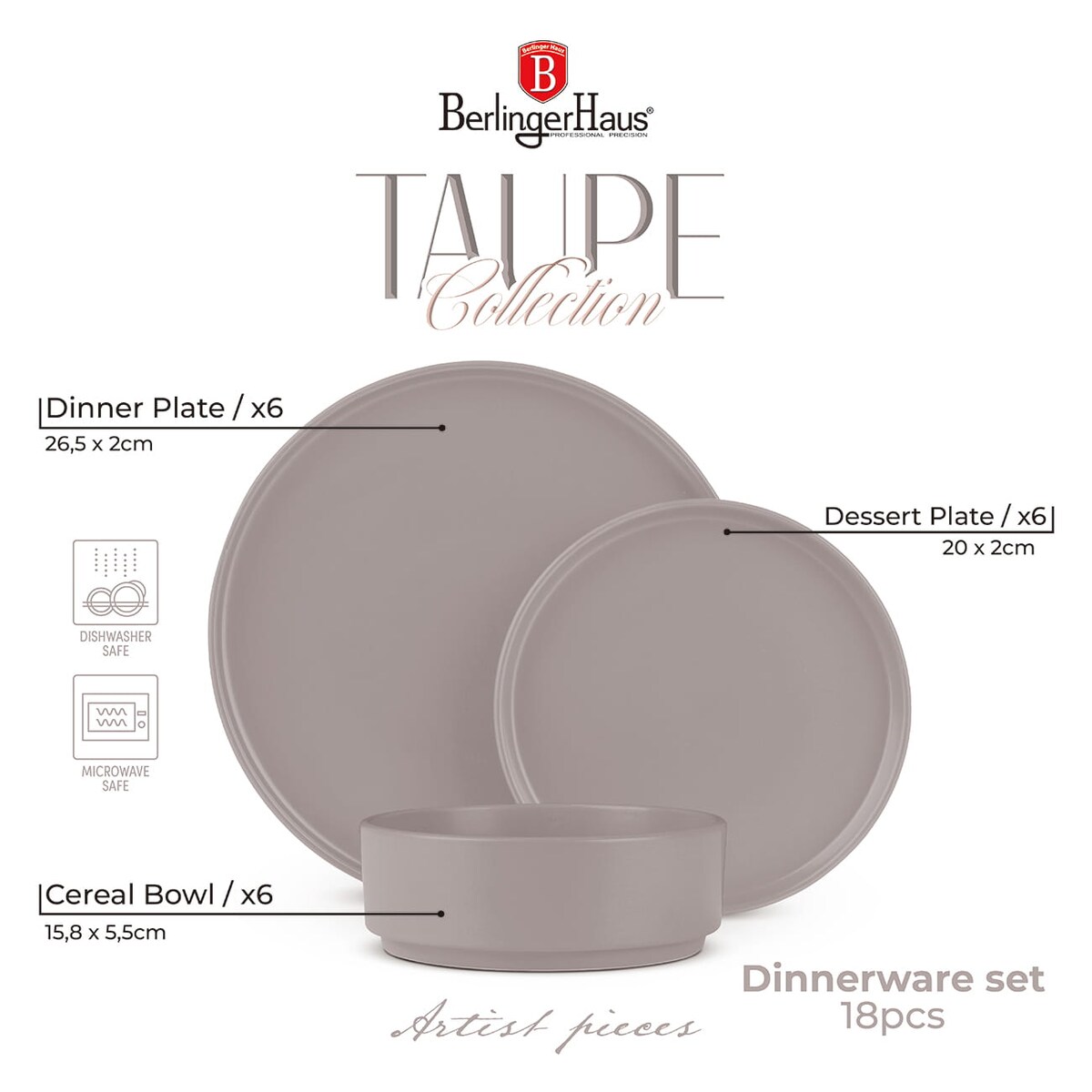 Zastawa stołowa Serwis Komplet talerzy naczyń 18 ele dla 6 osób BERLINGER HAUS Taupe