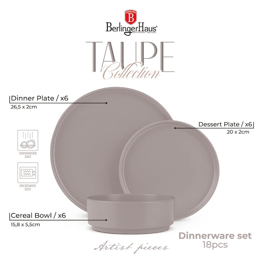 Zastawa stołowa Serwis Komplet talerzy naczyń 18 ele dla 6 osób BERLINGER HAUS Taupe