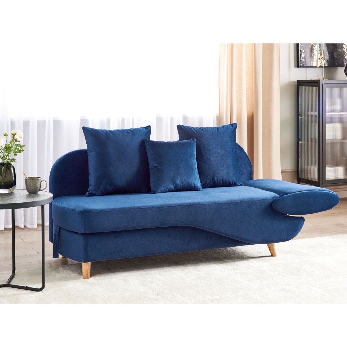 Szezlong welurowy z pojemnikiem prawostronny niebieski MERI II