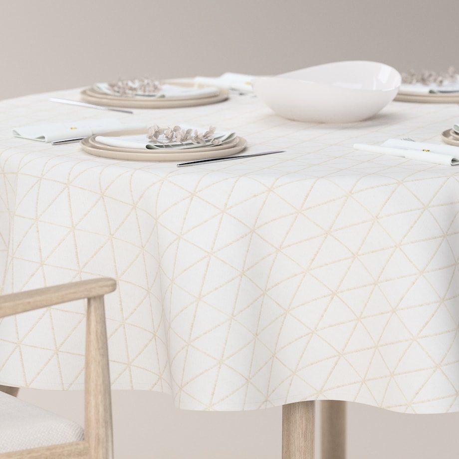 Obrus okrągły 130 x 130 cm beżowe trójkąty na kremowo-białym tle