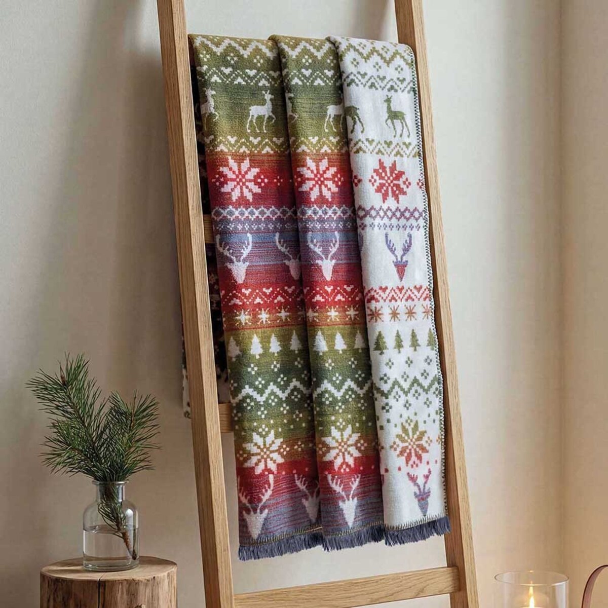 Koc bawełniany Darymex 150x200 Oslo, świąteczny, w renifery i choinki, czerwony, zielony i biały