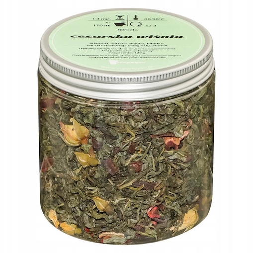 Herbata zielona CESARSKA WIŚNIA o delikatnie wiśniowym smaku z nutą nugatu - herbata liściasta sypana mieszanka napar susz - gotowa na prezent upominek