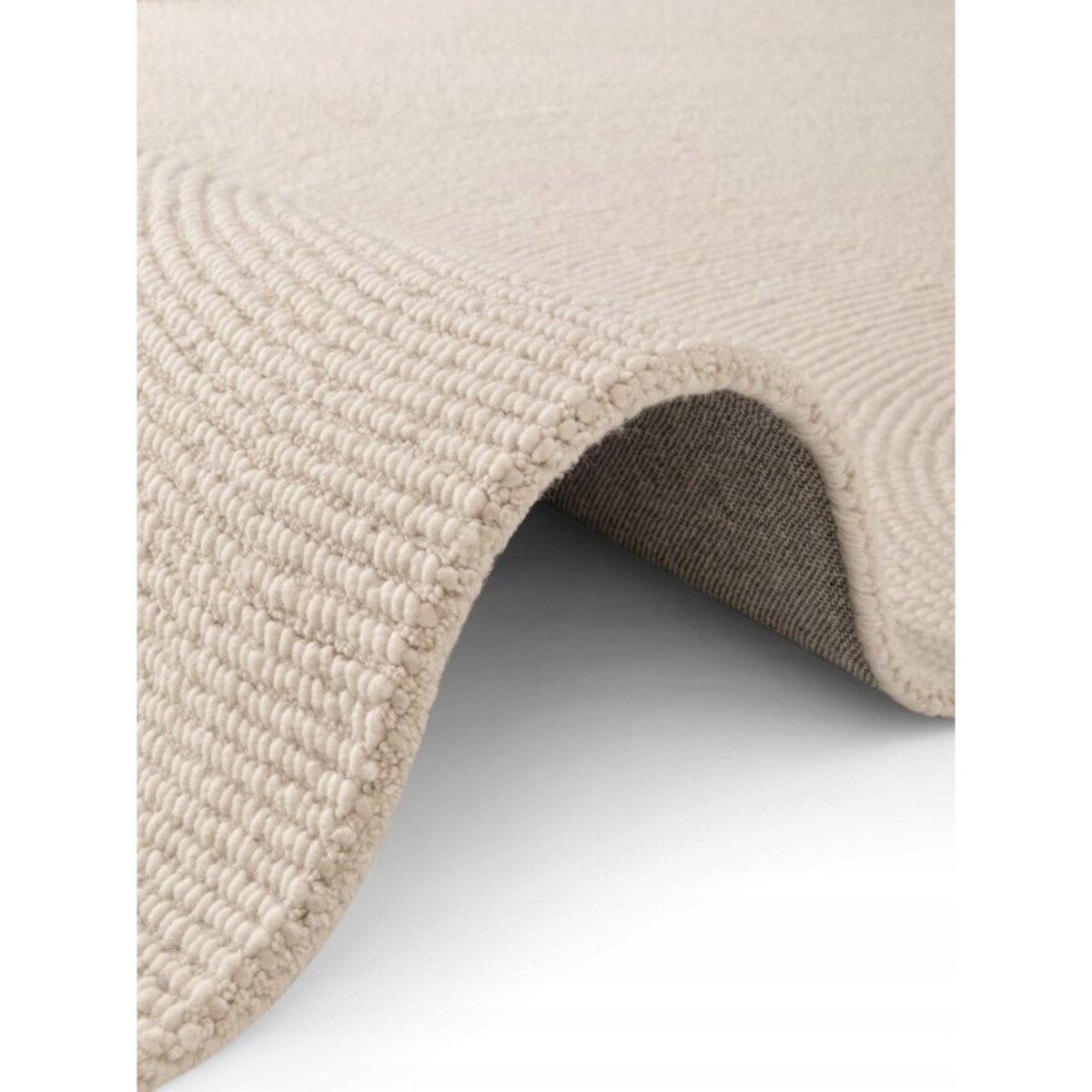 Dywan okrągły wełniany do salonu 120cm, kremowy wzór w półkola, efekt 3d