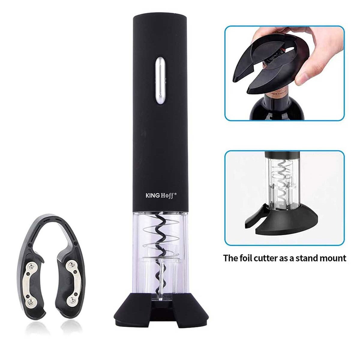 Elektryczny otwieracz korkociąg do wina butelek na baterie czarny KINGHOFF