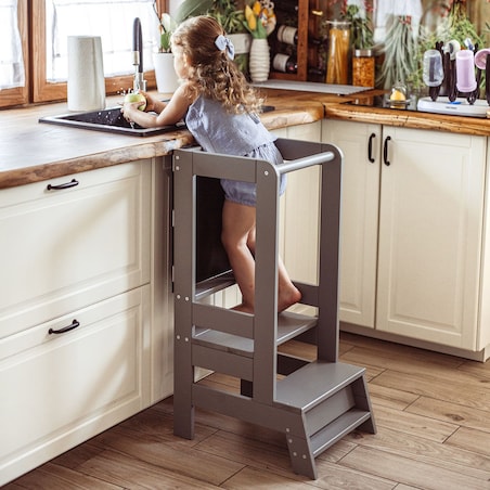 Kitchen Helper z Tablicą Drewniany Pomocnik Kuchenny dla Dziecka, Szary