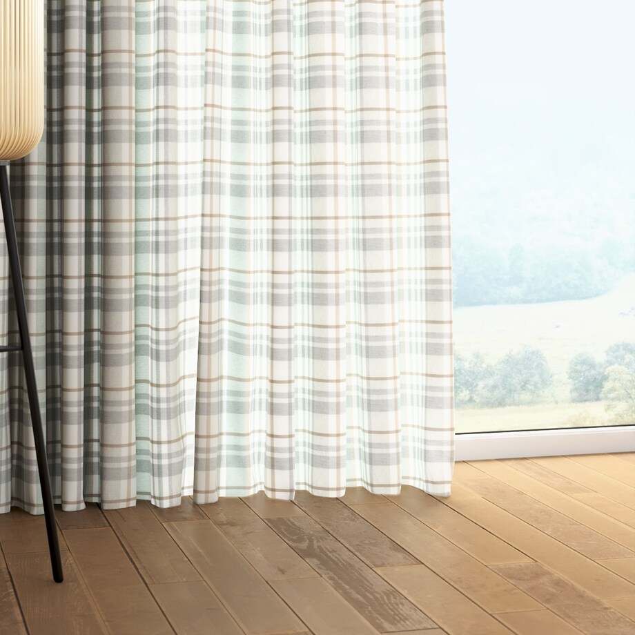 Zasłona na taśmie marszczącej 1 szt. 130x245 kratka zielono-szary melanż