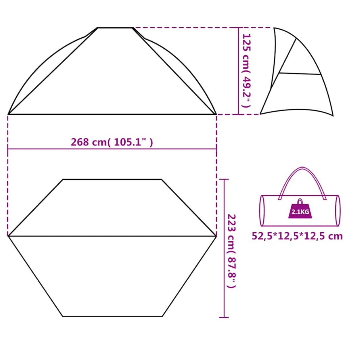 vidaXL Namiot plażowy, szary, 268x223x125 cm, poliester 185T