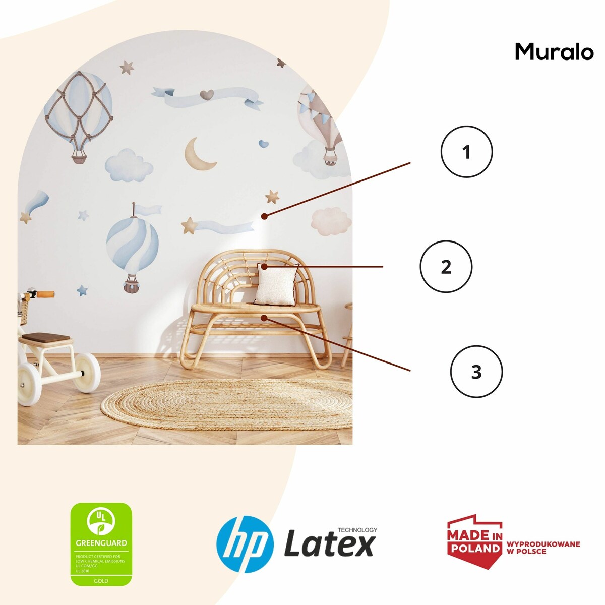 Naklejki Ścienne Dla Dzieci Balony Chmurki Gwiazdy Serca Styl Boho ZESTAW 60x30cm