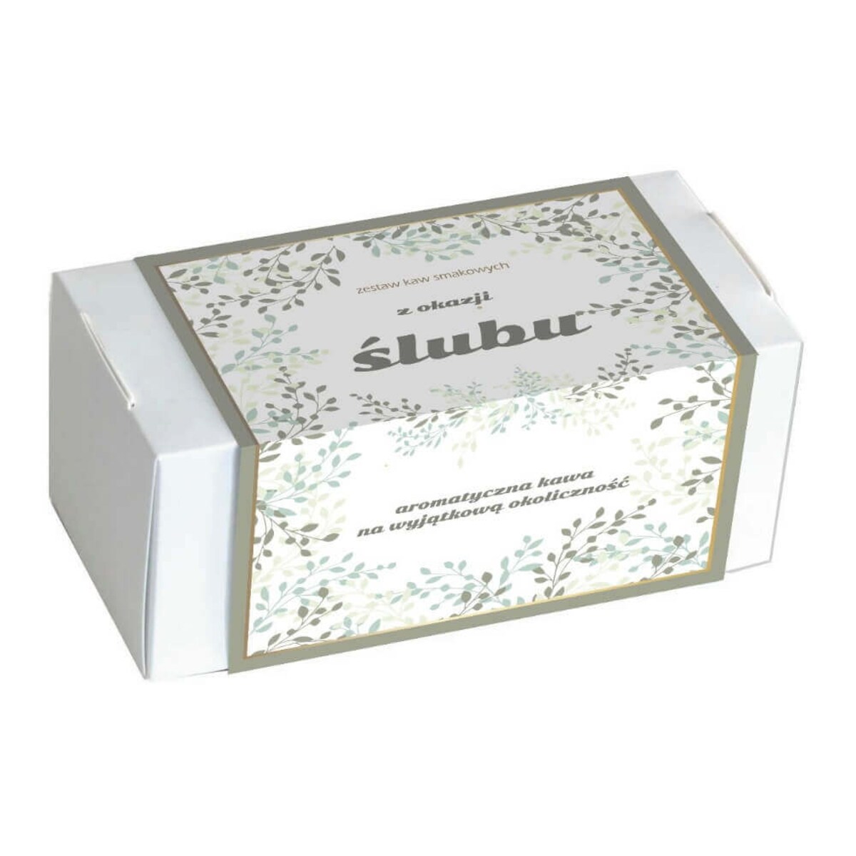 Zestaw prezentowy na ślub ŚLUBNE ŻYCZENIA. Zestaw 20 saszetek - 20x 10g z kawą mieloną o różnych smakach, herbata czarna Szczęście 120g, herbata biała Zdrowie 60g i dwa poręczne zaparzacze