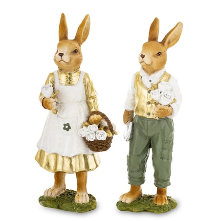 Dekoracja - para królików 21,5x7,5x6 i 22x10x7 cm FRODO-3 z koszem białych róż