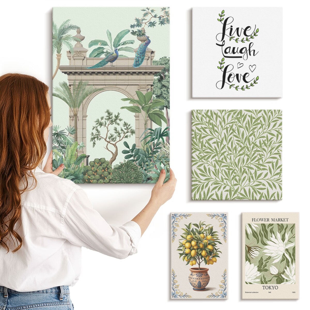 Zestaw 5 obrazów na płótnie - Roślinne motywy boho akcenty - zielony