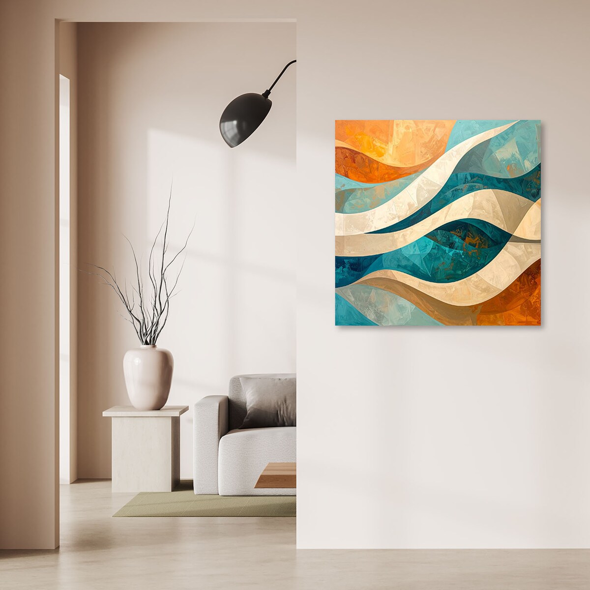 Obraz do salonu sypialni biura loftu, Abstrakcja linie kształty beżowy turkusowy