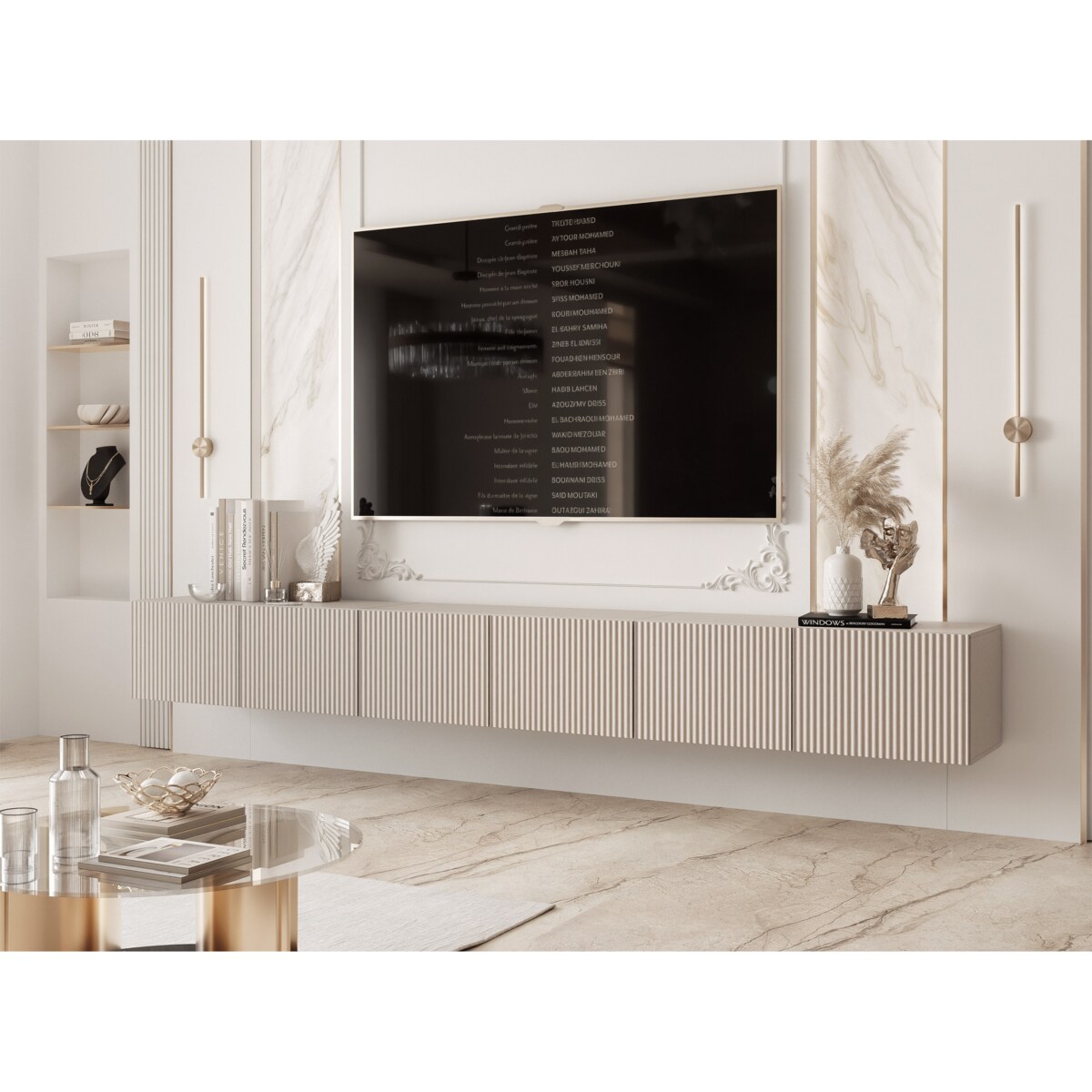 Szafka RTV wisząca KASZMIROWA ANGEL ryflowana 300 cm z oświetleniem LED