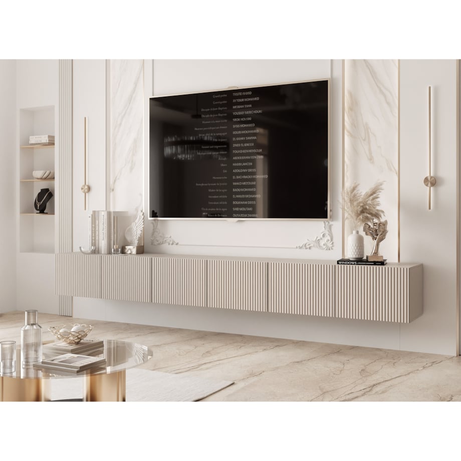 Szafka RTV wisząca KASZMIROWA ANGEL ryflowana 300 cm z oświetleniem LED