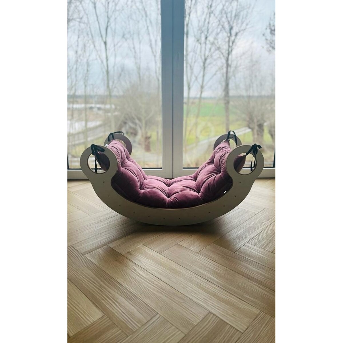 Drewniany Bujak Montessori + Poduszka Różowa