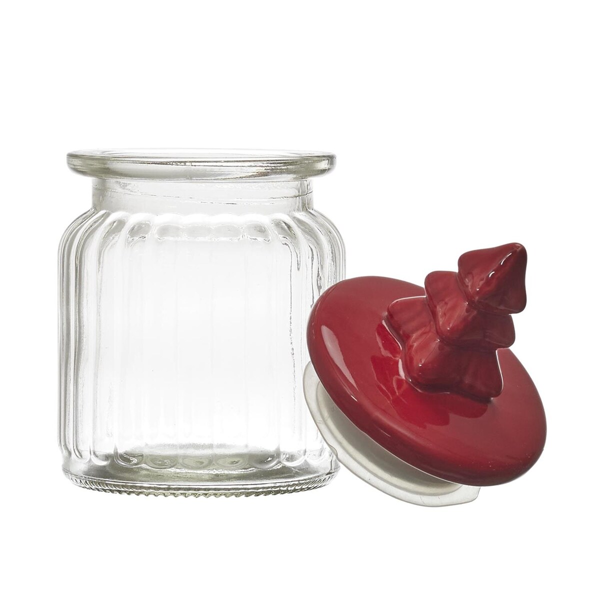 SŁOIK szklany Z POKRYWKĄ W KSZTAŁCIE CHOINKI czerwony