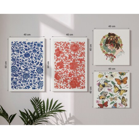 Zestaw 4 obrazów na płótnie - Vintage kwiaty motyle ornamenty - wielokolorowy