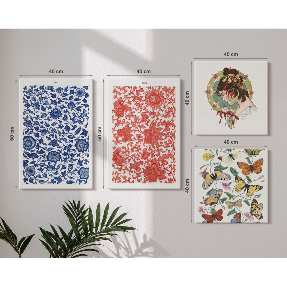Zestaw 4 obrazów na płótnie - Vintage kwiaty motyle ornamenty - wielokolorowy