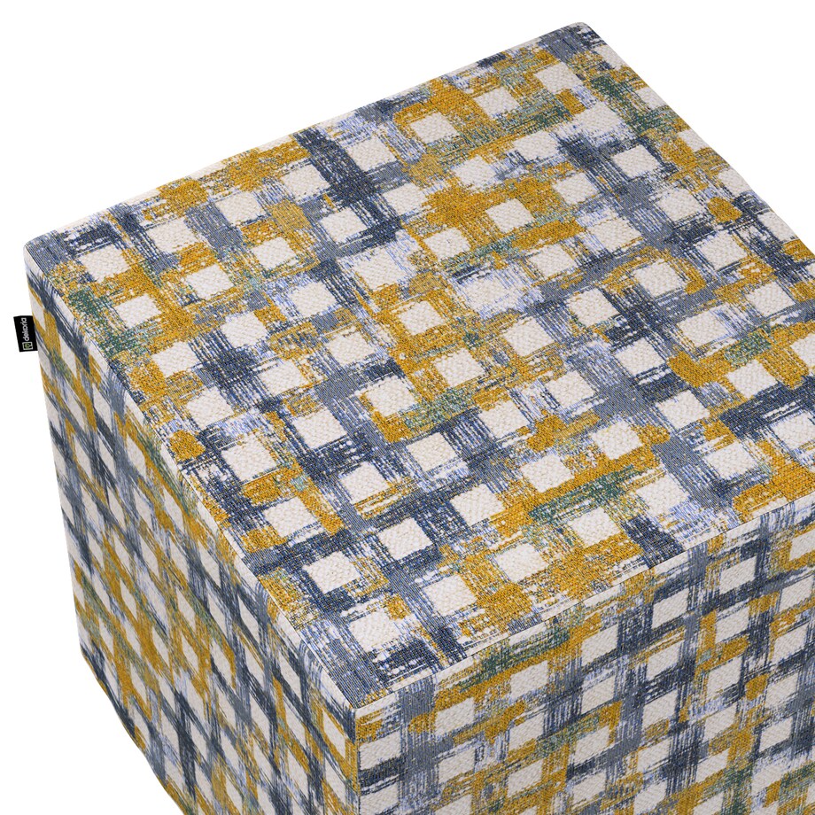 Pokrowiec na pufę kostkę, niebiesko-żółta krata na kremowym tle, kostka 40 x 40 x 40 cm, Cosy Home
