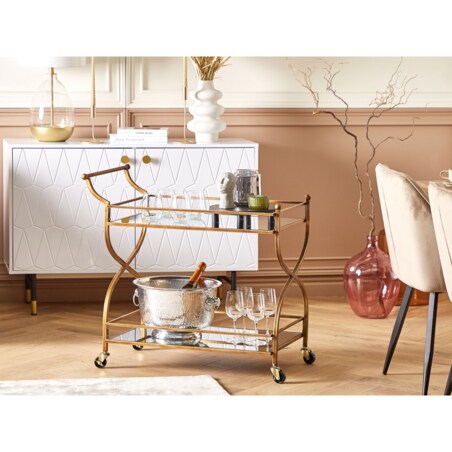 Metalowy wózek kuchenny 2-poziomowy z lustrzanym blatem złoty LARINO