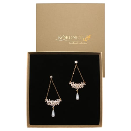 ZŁOTE wiszące kolczyki perły cyrkonie z kwiatami listkami ŚLUBNE łezki