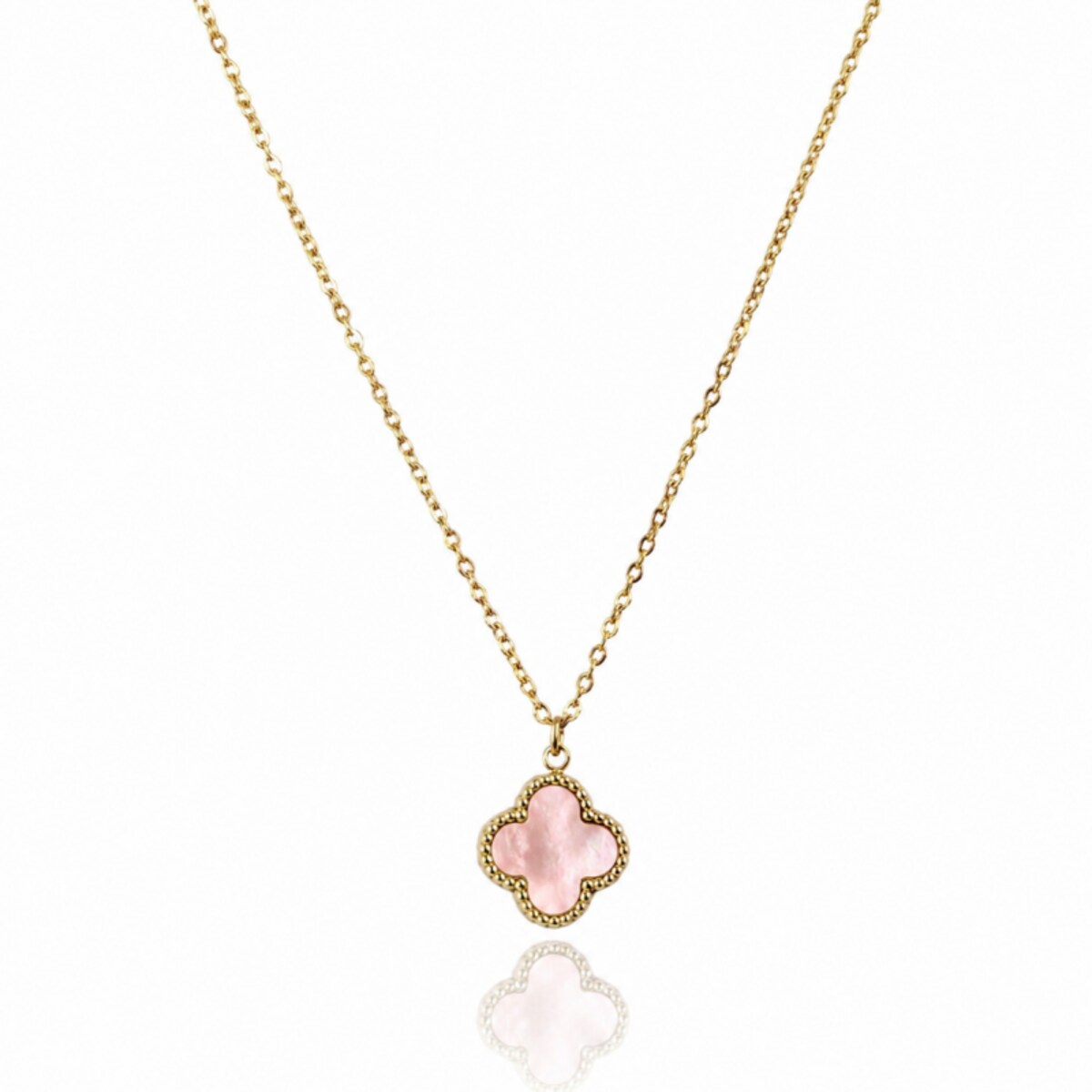 Naszyjnik stal szlachetna pozłacana 14k złotem, koniczynka 13mm, róż NST2302