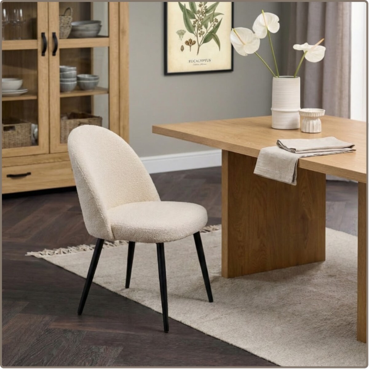 Krzesło tapicerowane boucle do salonu jadalni nowoczesne wygodne stylowe beżowe ecru