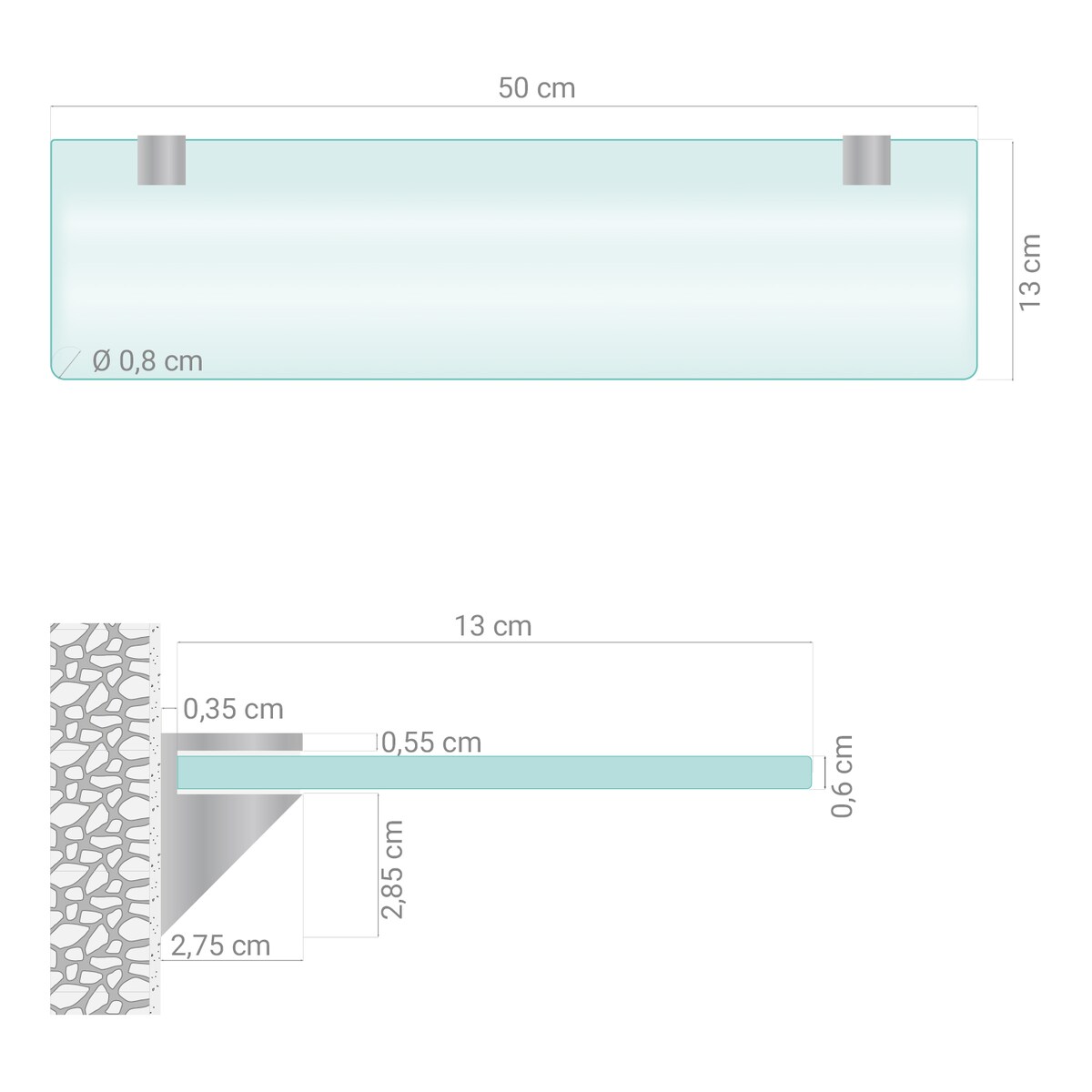 Szklana półka mrożona transparentna do łazienki 50x13 cm, szkło hartowane, srebrne uchwyty