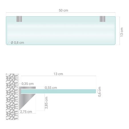 Szklana półka mrożona transparentna do łazienki 50x13 cm, szkło hartowane, srebrne uchwyty