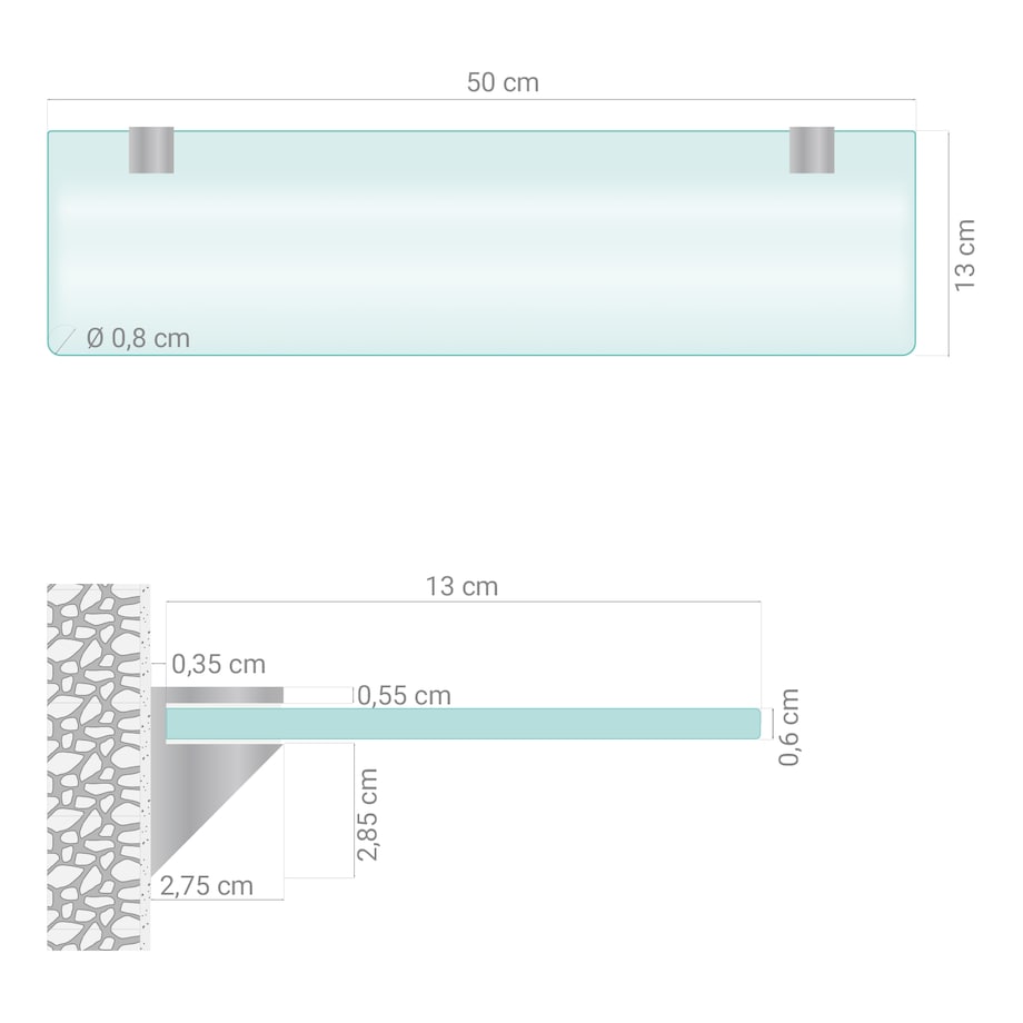 Szklana półka mrożona transparentna do łazienki 50x13 cm, szkło hartowane, srebrne uchwyty