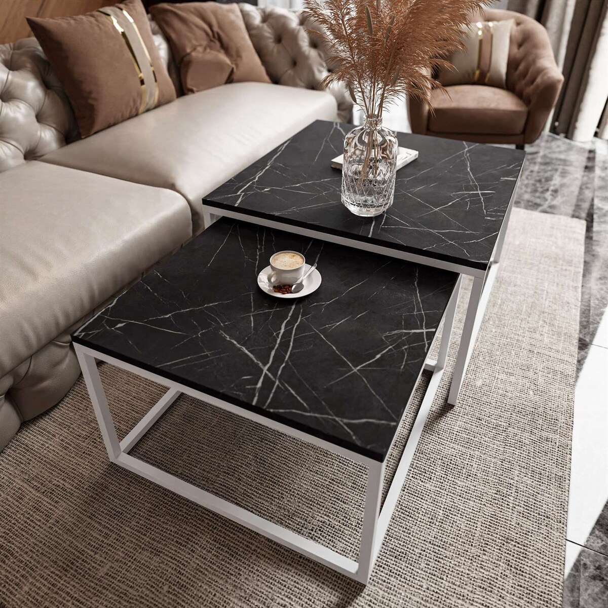 Stolik kawowy ława YOSHI 2w1 biały grigia pietra czarna 40/46 cm