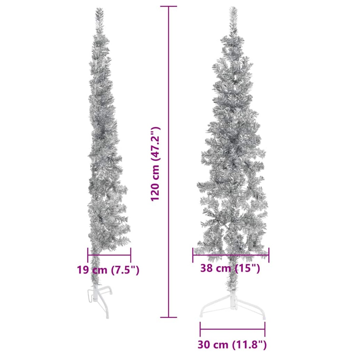 vidaXL Smukła choinka połówka ze stojakiem, sztuczna, srebrna, 120 cm