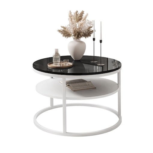 Stolik kawowy CIRI SLIM z półką biały czarny połysk