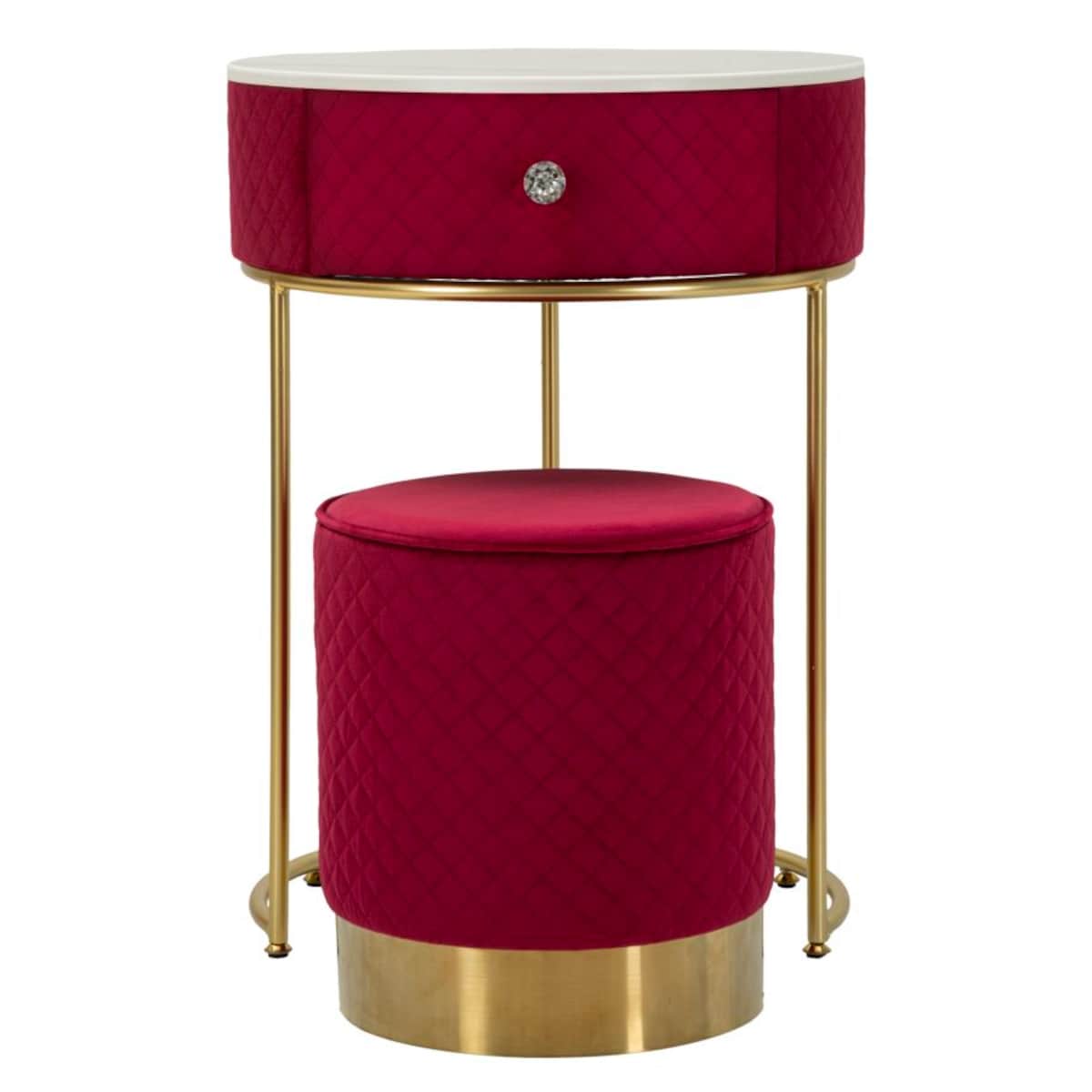 Toaletka z taboretem Nightstand Dressing Vellit, zestaw 2 szt., zestaw do makijażu, czerwony, złoty, Mauro Ferretti