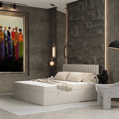 Łóżko tapicerowane MALDON 140x200 z pojemnikiem, Jasny Beż, tkanina Megan 353