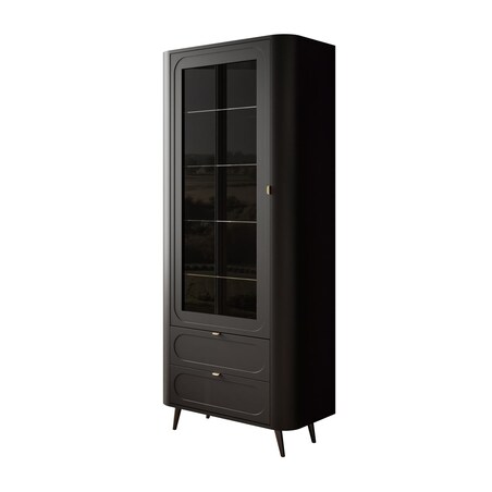 Przeszklona witryna SHADOW II z półkami, oświetlenie LED, nóżki skośne czarne